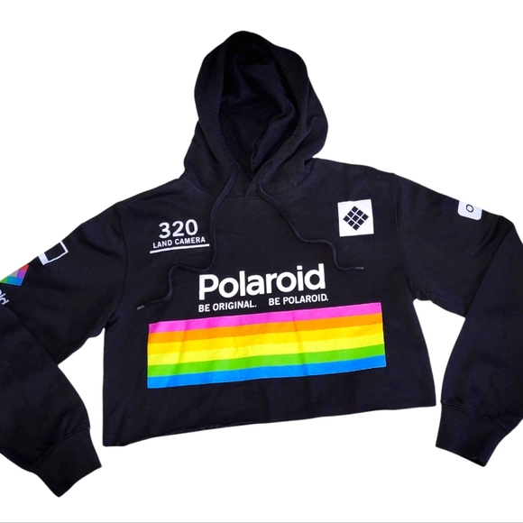 Polaroid Womens Cropped Black Hoodie Sweatshirt Medium Crop Top Long Sleeve Soft - Picture 1 of 10